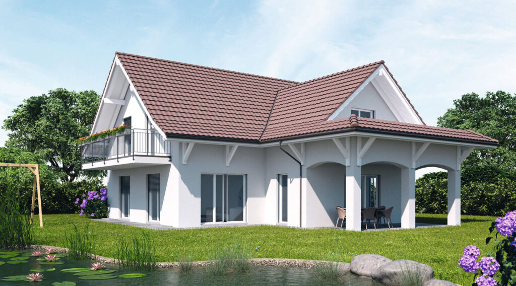Ein modernes zweistöckiges Haus mit rotem Ziegeldach, weißen Wänden und einem kleinen Balkon. Es liegt auf einer grünen Wiese mit einem Teich im Vordergrund.