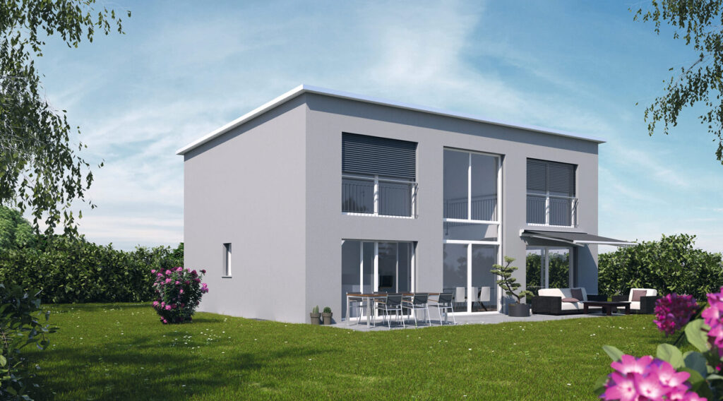 Modernes zweistöckiges kubisches Haus mit großen Fenstern, Terrassenmöbeln und einem gepflegten Rasen, umgeben von Grün und Blumen unter einem klaren blauen Himmel.