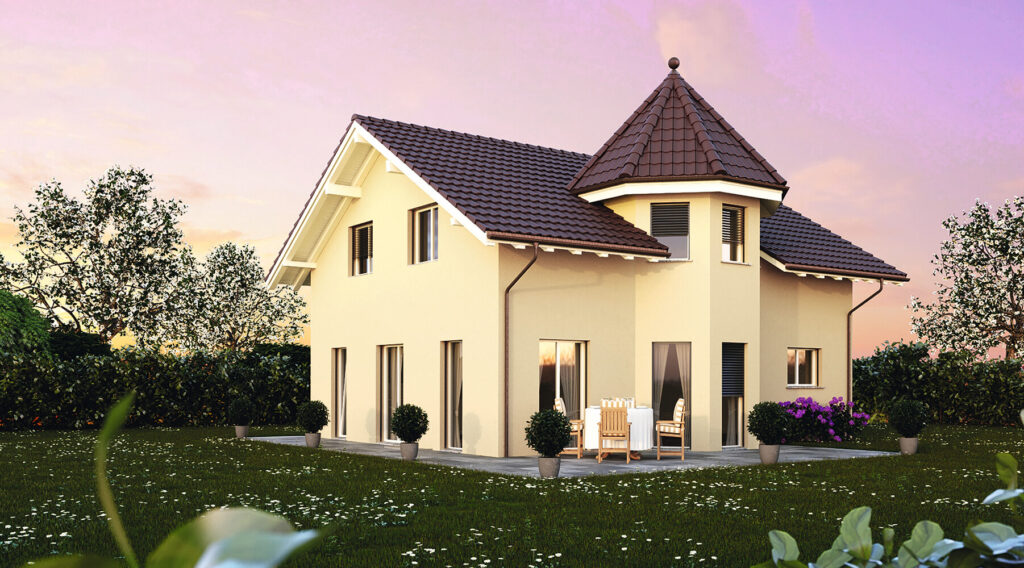 Ein zweistöckiges Haus mit einem braunen Ziegeldach und einem kleinen Turm, umgeben von einem Rasen und kleinen Sträuchern, unter einem rosa-violetten Himmel.