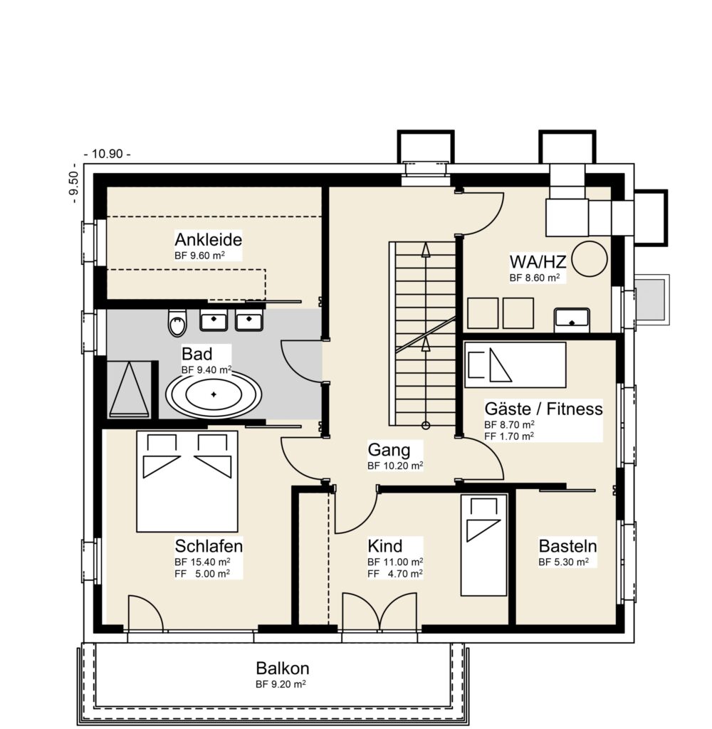 Detaillierter Grundriss mit Zimmern mit den Bezeichnungen Ankleide, Schlafzimmer, Bad, Kind, Gässte/Fitness, Basteln, Waschen und Gang, mit Balkon und Treppenhaus. Die Raummaße werden in m² angegeben.