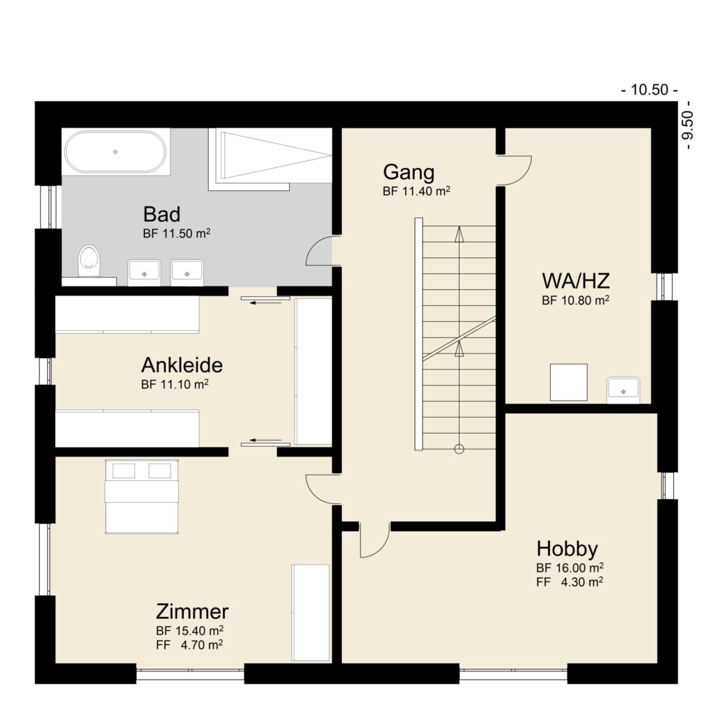 Grundriss eines Wohnraums mit Bad, Ankleidezimmer, Schlafzimmer, Flur, Abstell-/Heizraum und Hobbyraum. Die Maße der einzelnen Räume sind im Preis inbegriffen.