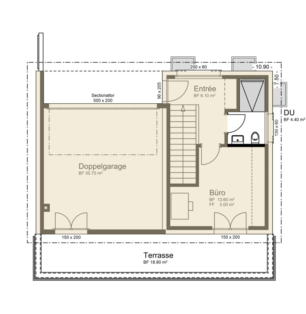Grundriss einer Gebäudeebene mit Garage, Eingang, Büro, Bad und Terrasse. Maße und Beschriftungen sind in deutscher Sprache angegeben.
