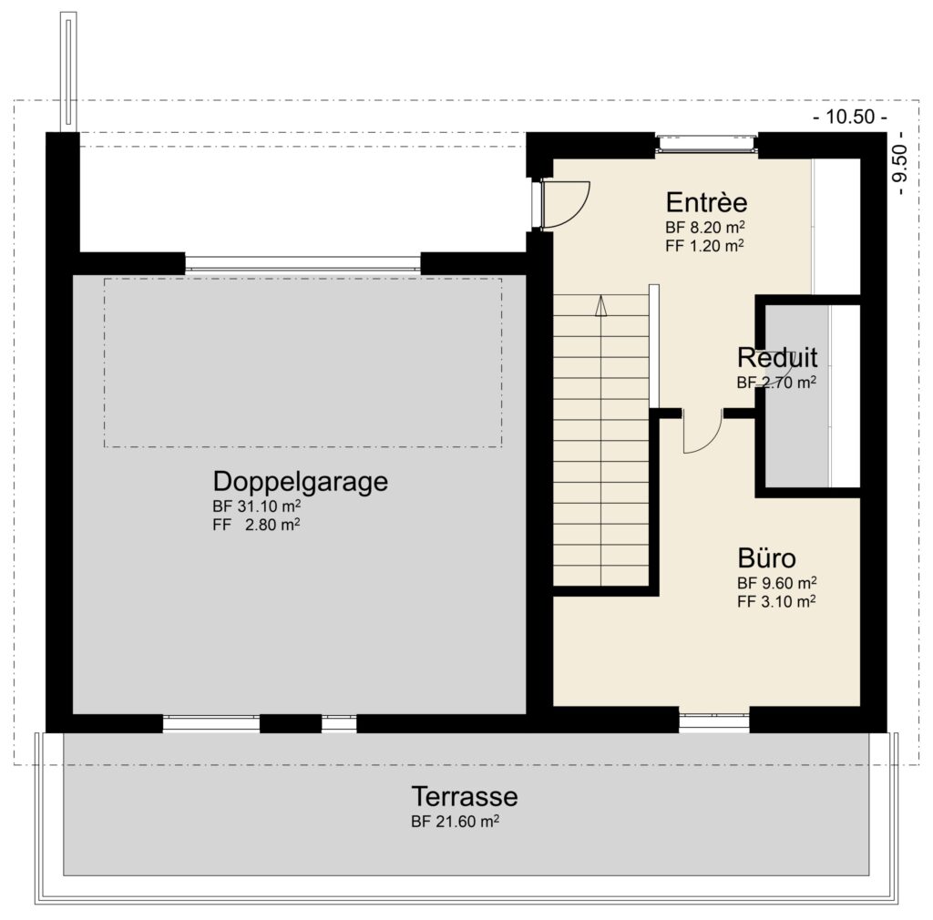 Grundriss mit Doppelgarage, Terrasse, Eingang, Reduit und Büro mit Angaben in Quadratmetern.