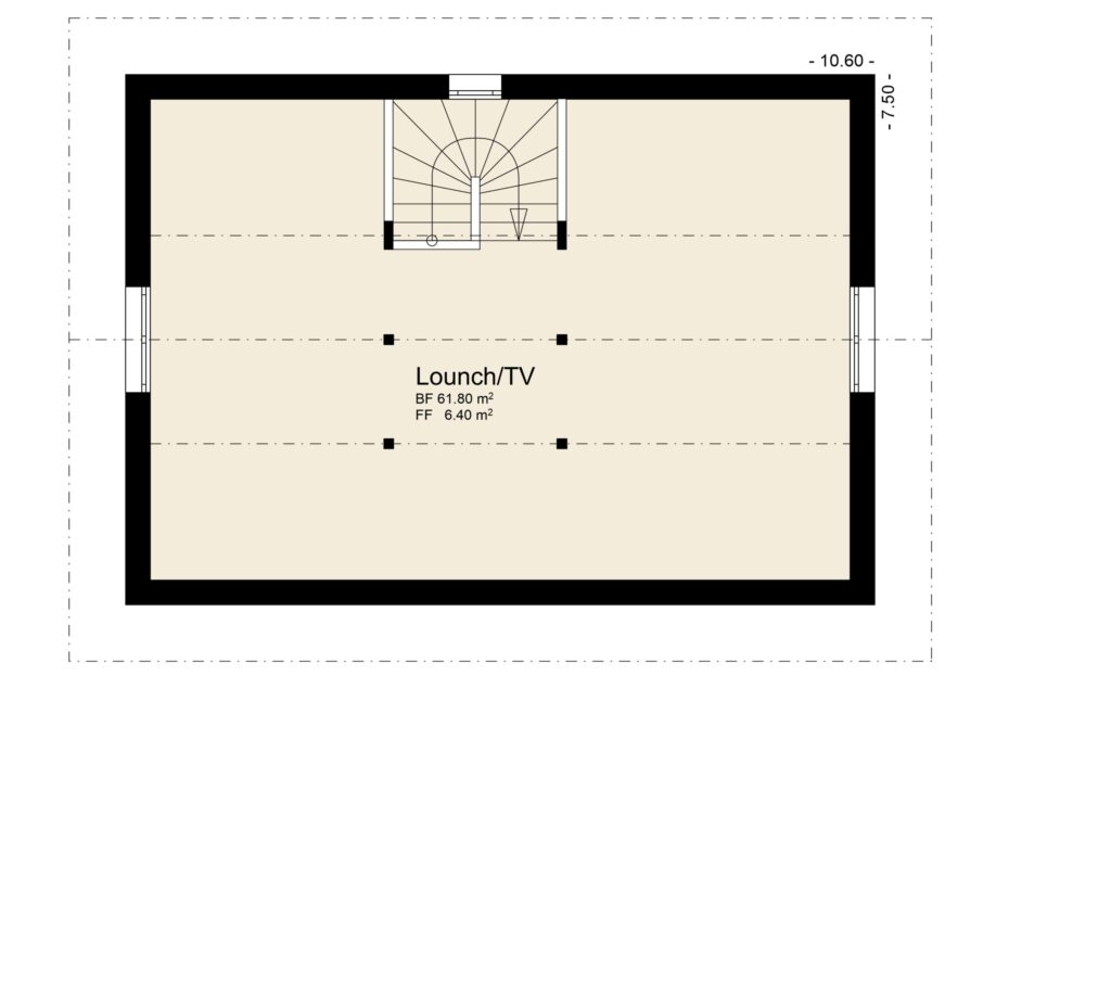 Grundriss eines rechteckigen Wohn-/Fernsehzimmers mit 6,10 Quadratmetern und einer zentralen Treppe. Abmessungen: 10,60 m x 7,70 m.