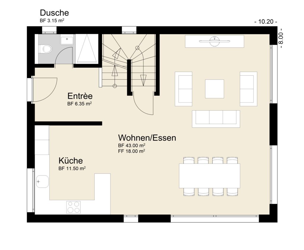 Grundriss eines Wohnraums mit Küche, Wohn-/Essbereich, Duschbad und Eingang. Maße und Beschriftungen sind in deutscher Sprache. Treppen sind zentral angeordnet.