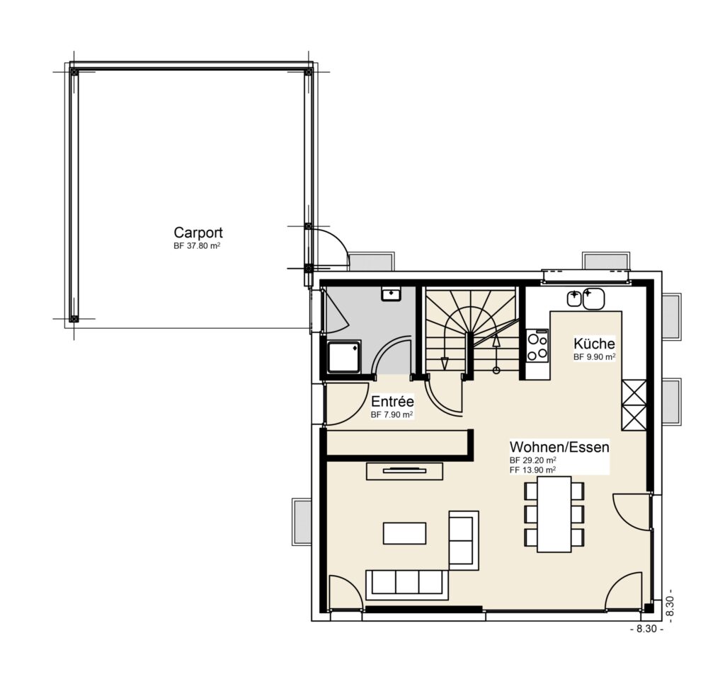 Grundriss eines Hauses mit beschrifteten Bereichen: Carport, Eingang, Wohn-/Esszimmer, Küche, Treppenhaus und Terrassenausgang. Die Gesamtfläche für jeden Bereich ist in Quadratmetern angegeben.