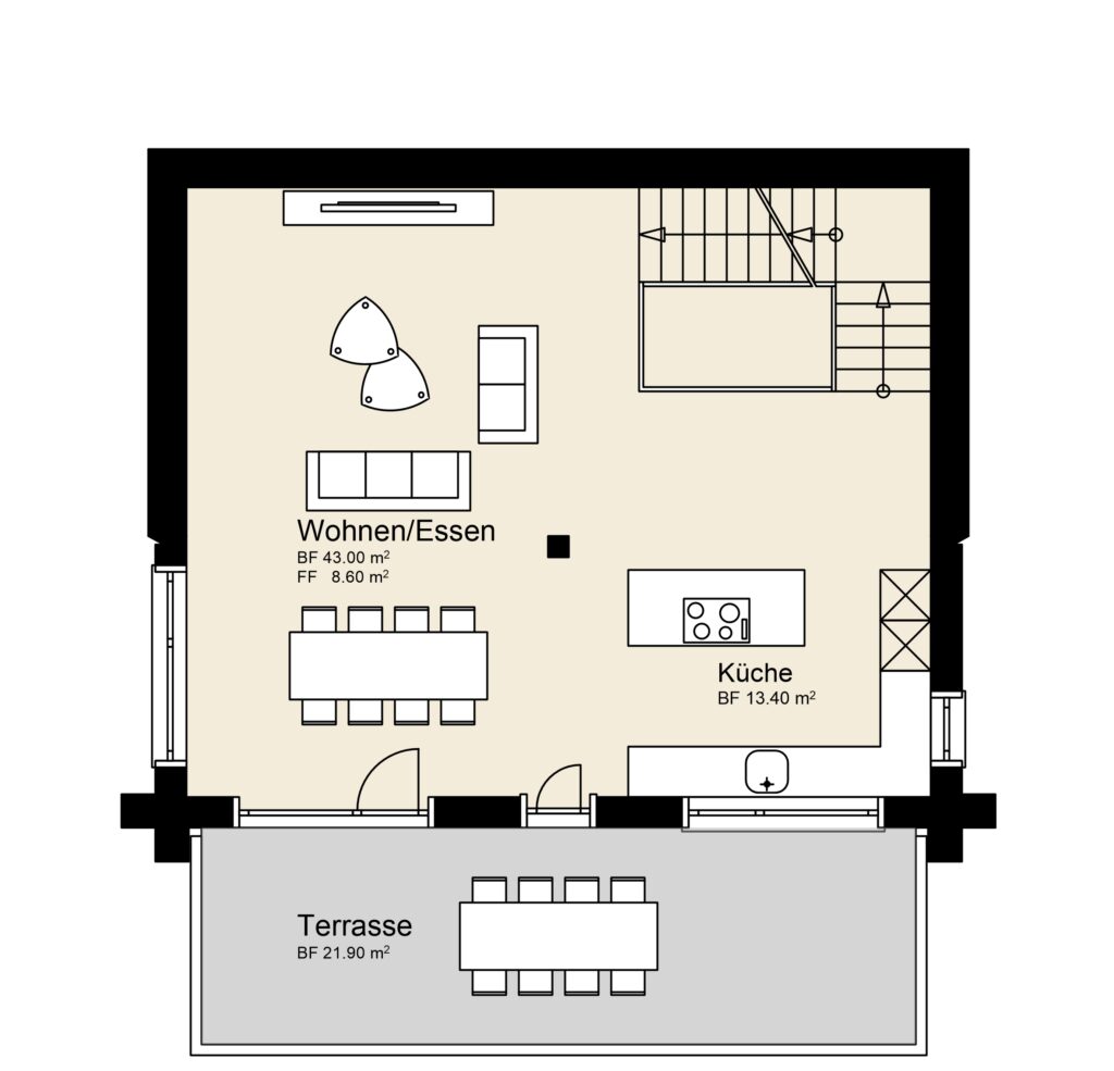 Grundriss mit Wohnzimmer, Essbereich, Küche und Terrasse. Inklusive Möbelanordnung und Maßangaben in Quadratmetern.