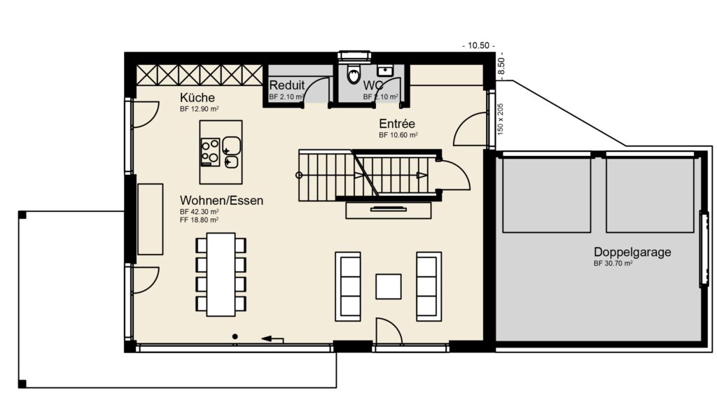 Grundriss eines Wohnhauses mit Küche, Wohn-/Essbereich, Eingang, Abstellraum, WC und Doppelgarage.