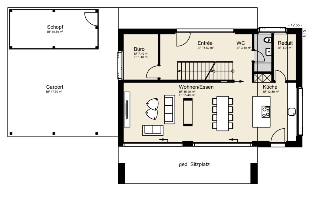 Grundriss, der den Grundriss eines Hauses mit Büro, Wohn-/Essbereich, Küche, WC, Speisekammer, Eingang, Veranda, Carport und Schuppen zeigt.