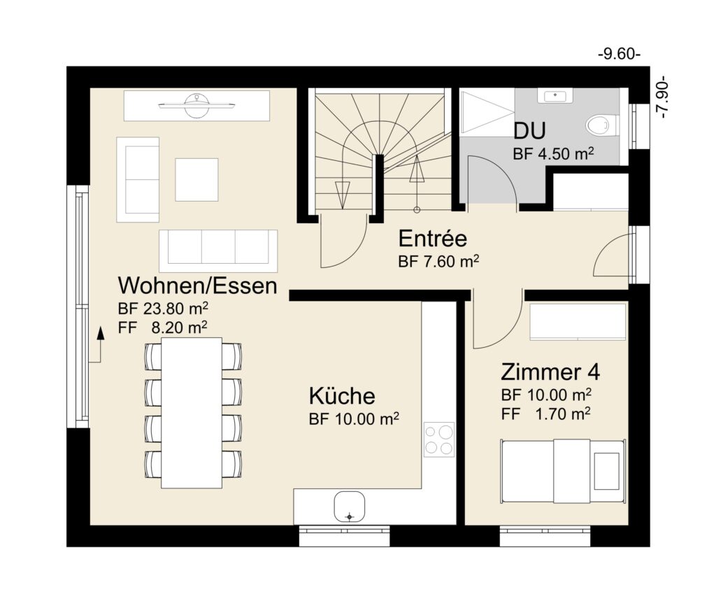 Grundriss einer Wohnung mit beschrifteten Räumen: Wohn-/Essbereich, Küche, Eingang, Bad und Zimmer 4, inkl. Maßangaben in Quadratmetern.