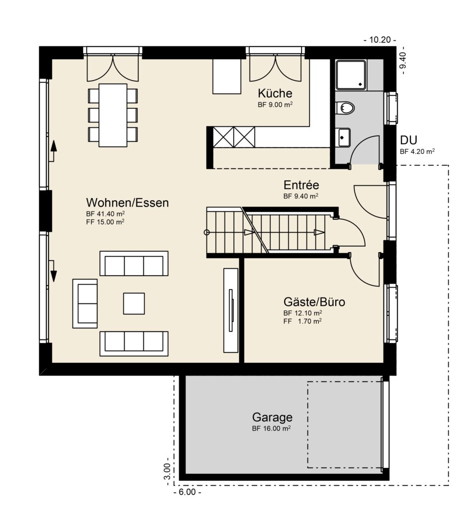 Grundriss eines Hauses mit Wohn-/Essbereich, Küche, Eingang, Gäste-/Arbeitszimmer und Garage. Die Räume sind mit Quadratmetermaßen gekennzeichnet.