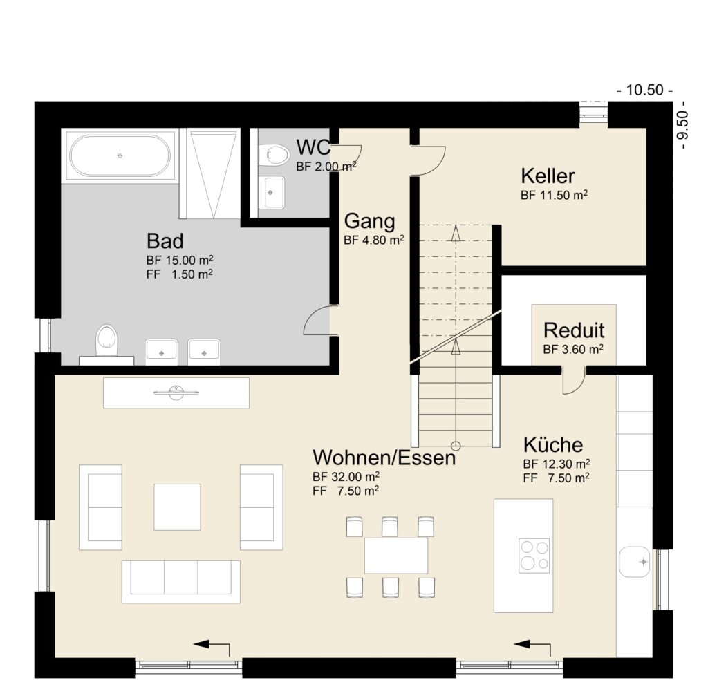 Grundriss eines Hauses mit beschrifteten Räumen: Bad, Wohn-/Essbereich, Küche, WC, Flur, Treppe, Abstellraum und Keller. Die Maße sind in Quadratmetern angegeben.