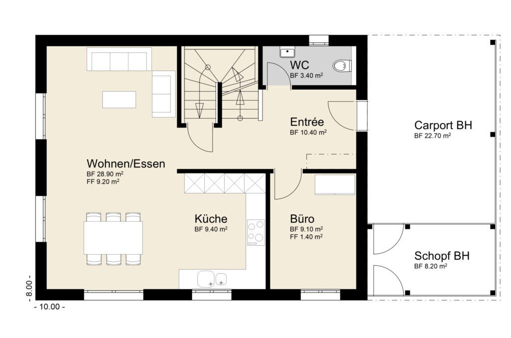 Grundriss eines Hauses mit den beschrifteten Räumen: Wohn-/Essbereich, Küche, Eingang, Büro, Toilette, Carport und Schuppen. Für jeden Raum sind die Abmessungen in Quadratmetern angegeben.