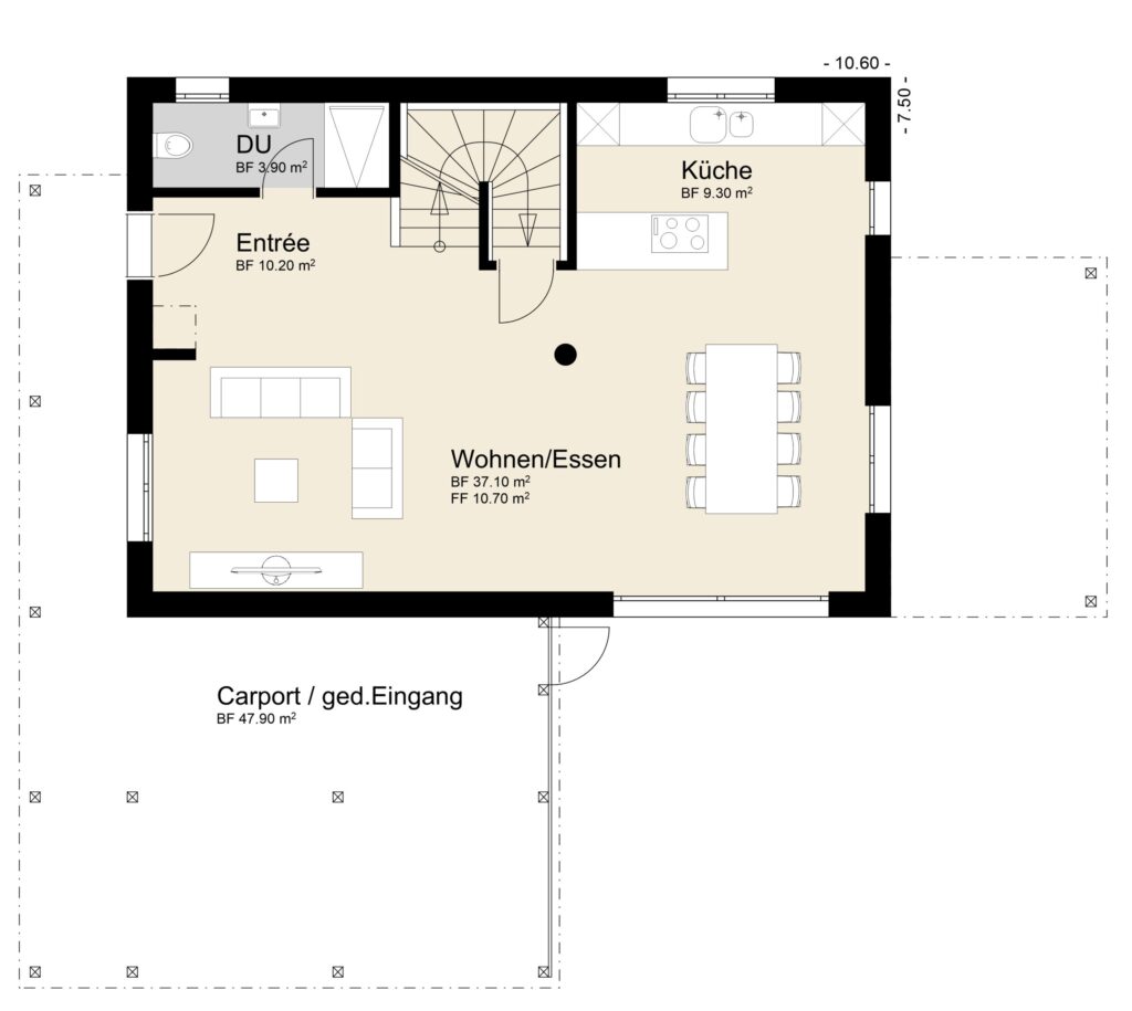 Grundriss eines Hauses mit Wohn-/Esszimmer, Küche, Eingang, Bad und Carport. Für jeden Bereich sind die Maße angegeben.