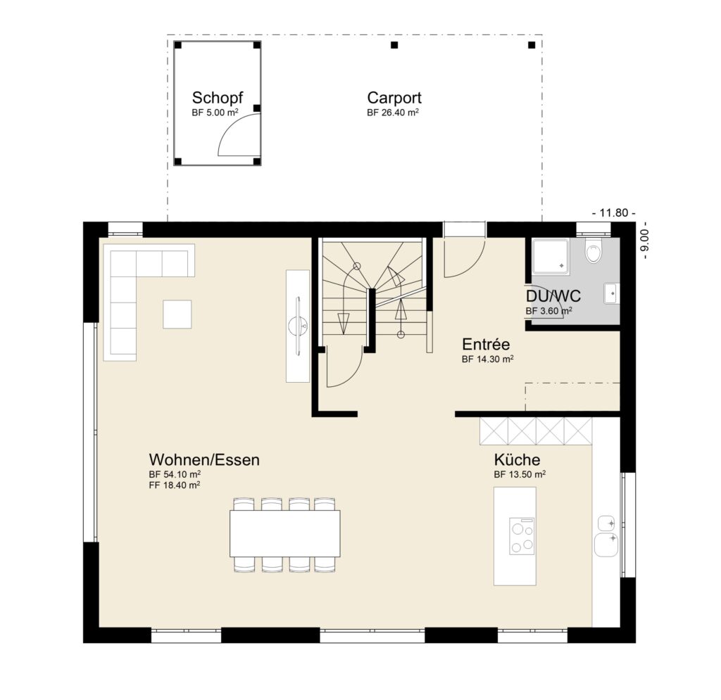 Grundriss eines Hauses mit Wohn-/Esszimmer, Küche, Eingangsbereich und Bad/WC. Inklusive Maßangaben und Carport im Außenbereich.
