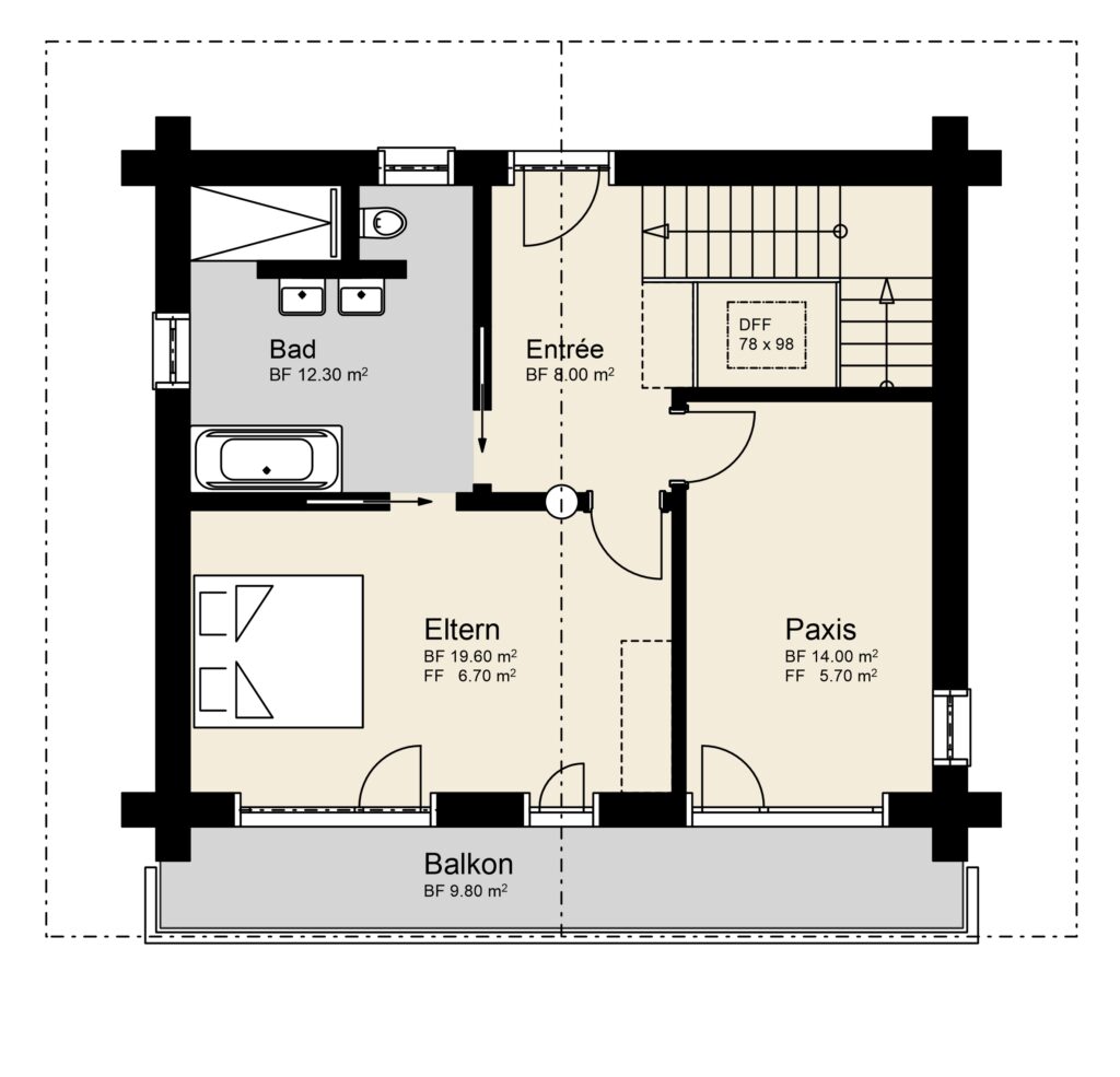 Grundriss eines Wohnheims mit den Räumen mit den Bezeichnungen „Bad“, „Entrée“, „Eltern“, „Paxis“ und „Balkon“ sowie den jeweiligen Flächenangaben in Quadratmetern.