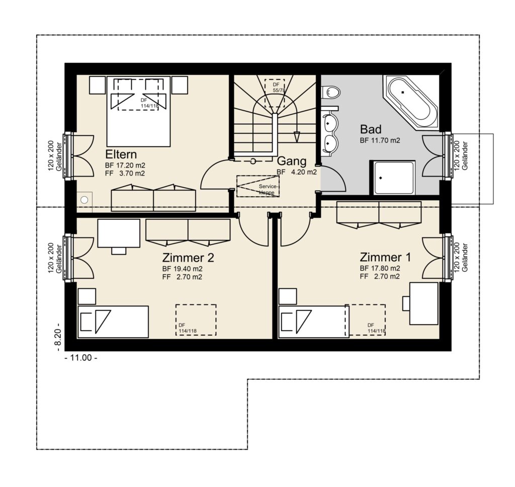 Ein Grundriss mit drei Zimmern mit der Bezeichnung „Eltern“, „Zimmer 1“ und „Zimmer 2“, einem Badezimmer mit der Bezeichnung „Bad“ und einem zentralen Flur mit der Bezeichnung „Gang“ sowie den Maßangaben für jeden Bereich.