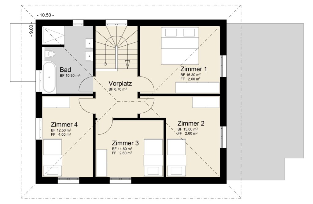 Grundriss eines Hauses mit Badezimmer und vier Räumen mit den Bezeichnungen „Zimmer 1“ bis „4“, Maßangaben und einer zentralen Treppe.