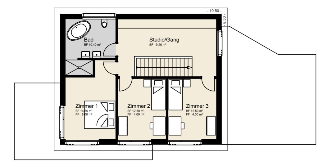 Grundriss eines Hauses mit Badezimmer, zentralem Studio/Flur und drei Zimmern mit der Bezeichnung „Zimmer 1“, „Zimmer 2“ und „Zimmer 3“ sowie den Abmessungen in Quadratmetern.