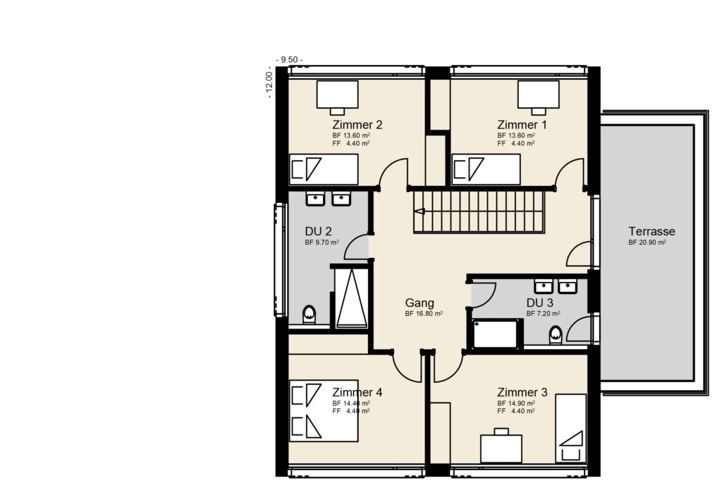 Der Grundriss zeigt einen Grundriss mit vier Räumen mit der Bezeichnung „Zimmer 1“ bis „Zimmer 4“, zwei Bädern mit der Bezeichnung „DU 1“ und „DU 3“, einem Flur und einer Terrasse auf der rechten Seite.