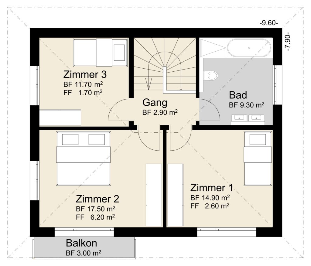 Ein Grundriss zeigt einen Flur, drei Schlafzimmer mit der Aufschrift „Zimmer 1“, „Zimmer 2“ und „Zimmer 3“, ein Badezimmer mit der Aufschrift „Bad“ und einen Balkon mit der Aufschrift „Balkon“. Die Zimmergrößen sind in Quadratmetern angegeben.