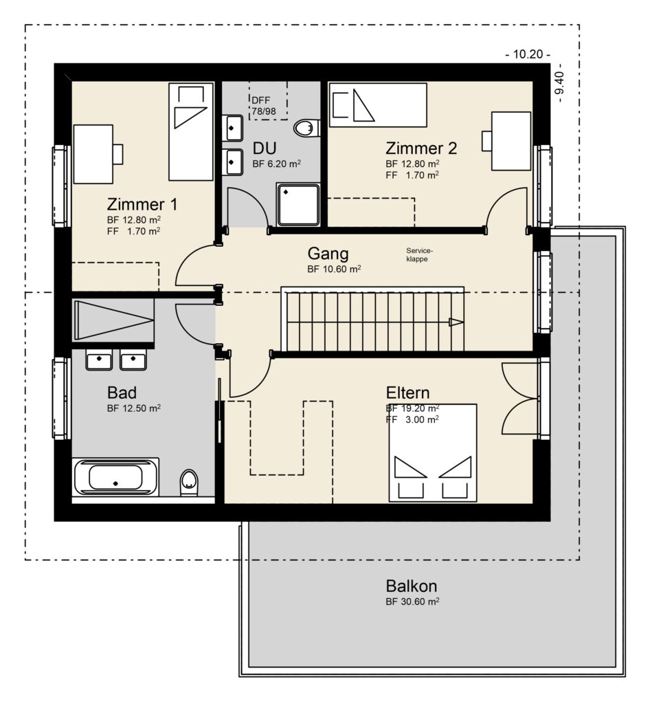 Ein Grundriss mit zwei Schlafzimmern, einem Badezimmer, einem Wohnzimmer und einem Balkon. Der Grundriss enthält die Maße für jeden Raum.