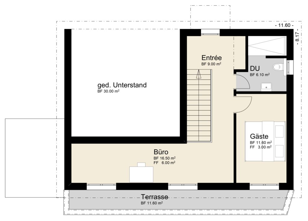 Grundriss mit einem Layout mit Eingang, Büro, Gästezimmer, Duschraum, Lagerraum und Terrasse. Raummaße und Beschriftungen sind enthalten.