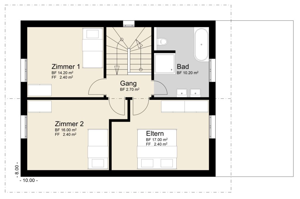 Grundriss mit drei Zimmern mit den Bezeichnungen „Zimmer 1“, „Zimmer 2“ und „Eltern“ sowie einem Badezimmer und einem zentralen Flur. Für jeden Bereich sind die Maße in Quadratmetern angegeben.