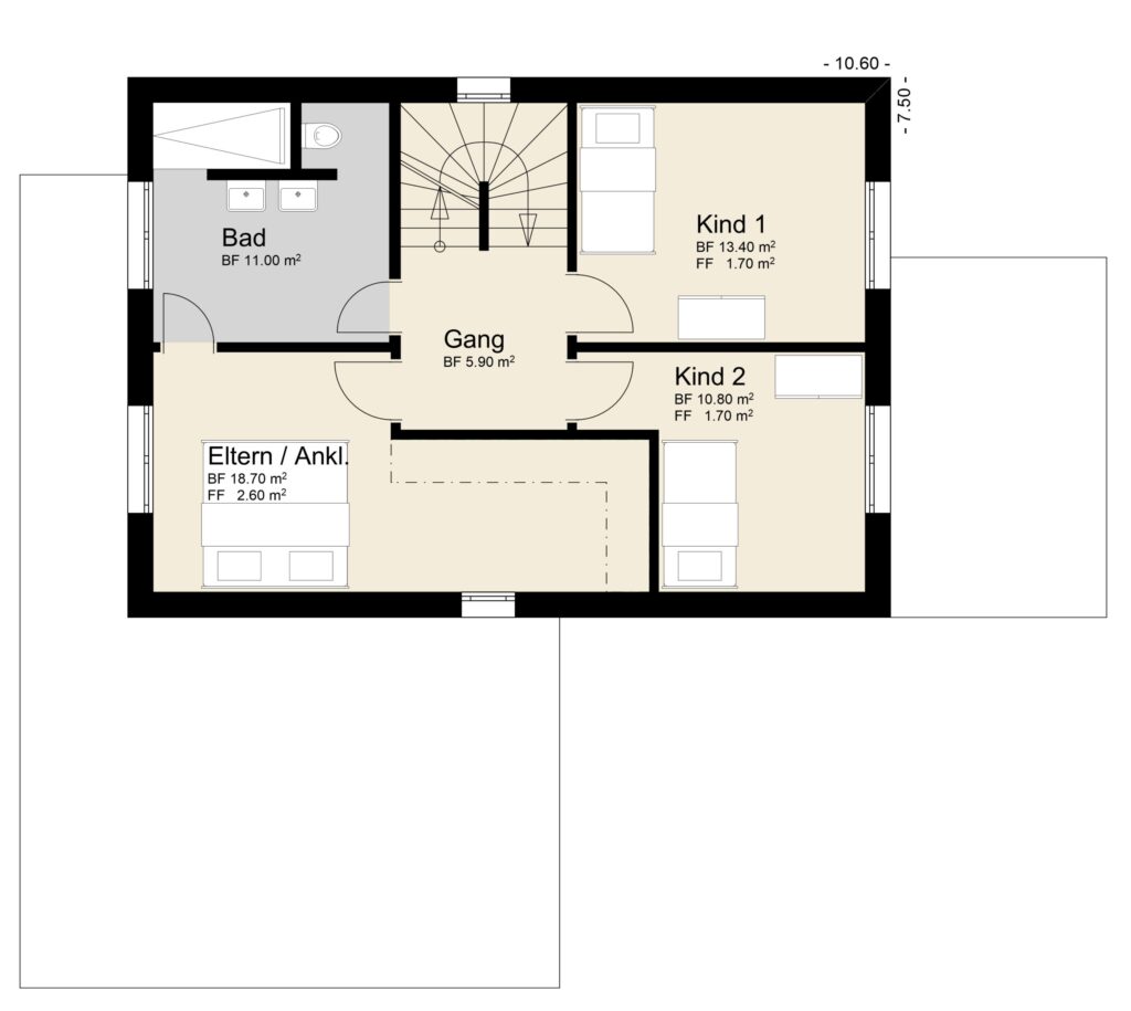 Grundriss eines Hauses mit einem Badezimmer, zwei Kinderzimmern, einem Elternschlafzimmer mit Wandschrank und einem Flur.