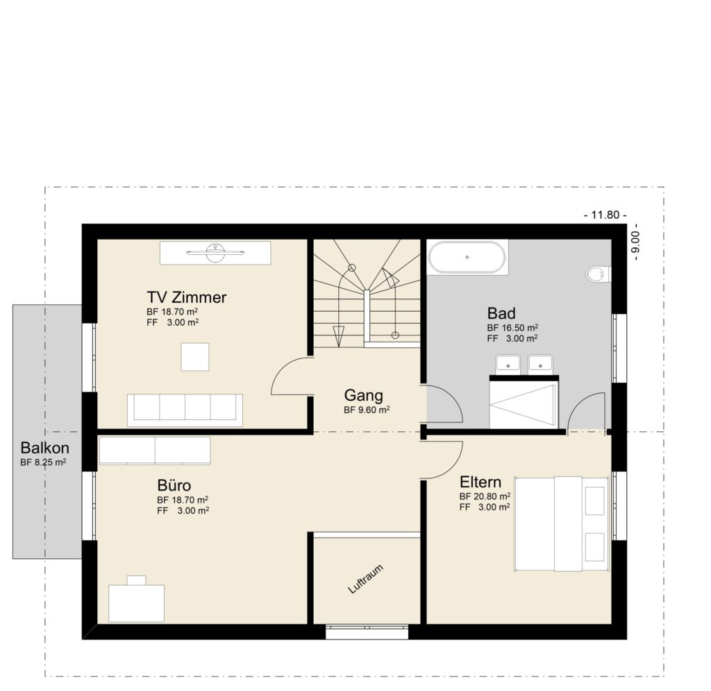 Der Grundriss zeigt die Räume Fernsehzimmer, Büro, Flur, Bad und Elternschlafzimmer, links ist ein Balkon eingezeichnet.