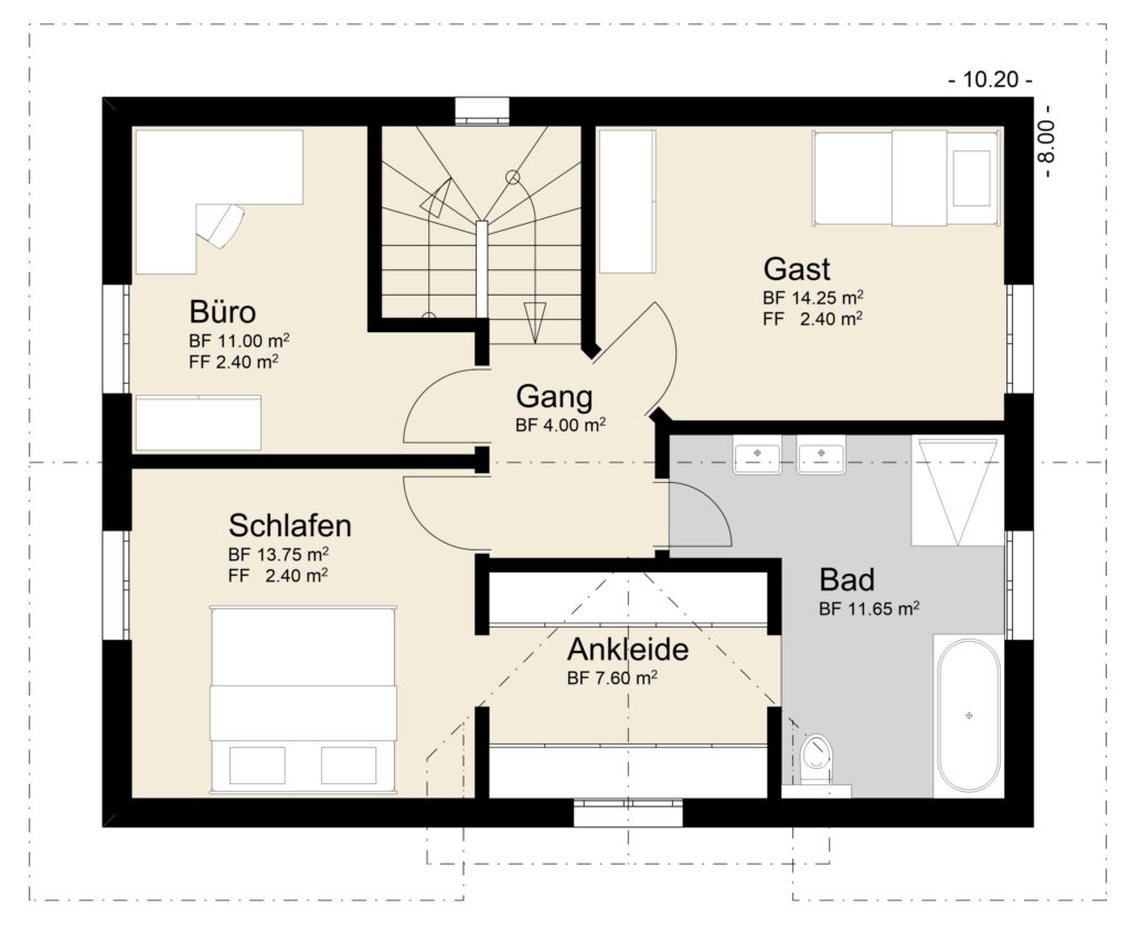 Grundriss eines Hauses mit den Räumen, die mit den Bezeichnungen „Büro“, „Schlafen“, „Ankleide“, „Gast“, „Bad“ und „Gang“ gekennzeichnet sind, mit Maßangaben in Quadratmetern.