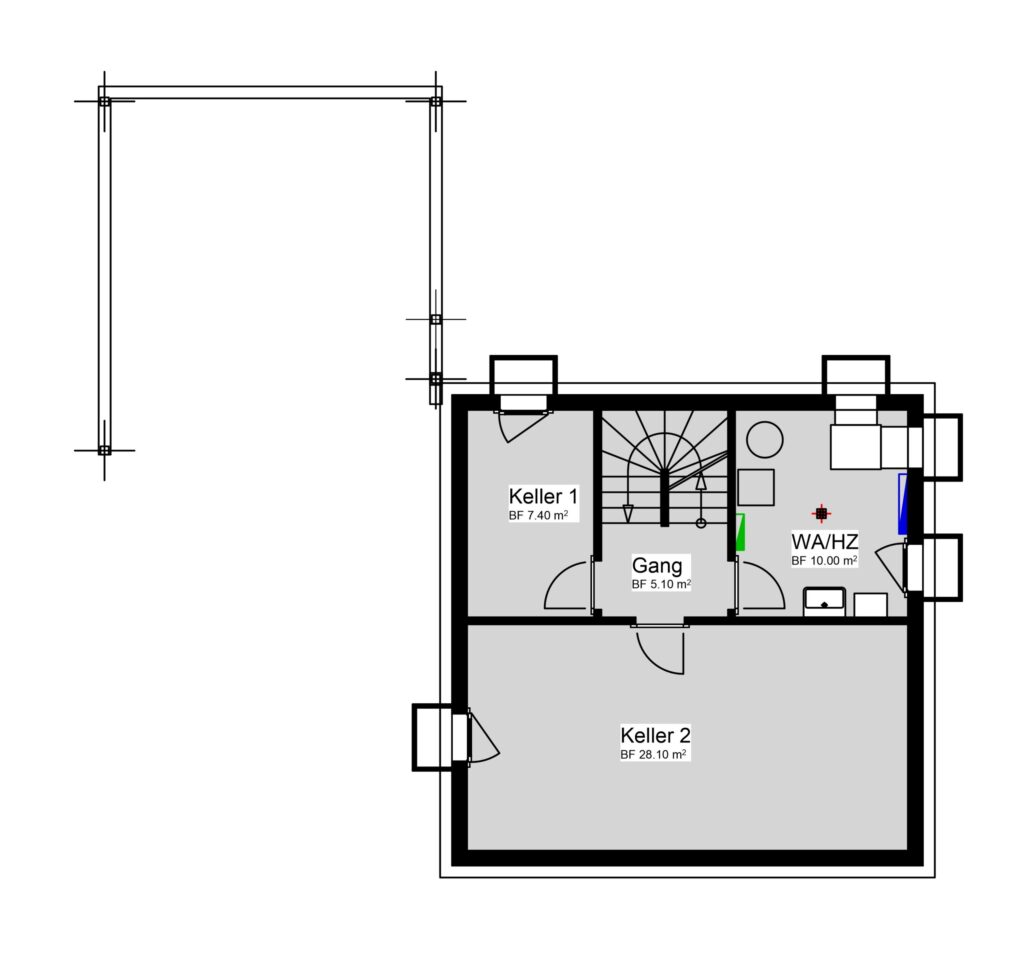 Grundriss eines Kellergeschosses mit beschrifteten Räumen: Keller 1 (7,0 m²), Gang (5,10 m²), Keller 2 (28,10 m²) und Raum mit der Bezeichnung „WAHZ“ (9,00 m²) mit Treppenaufgang und Außenwandumriss.