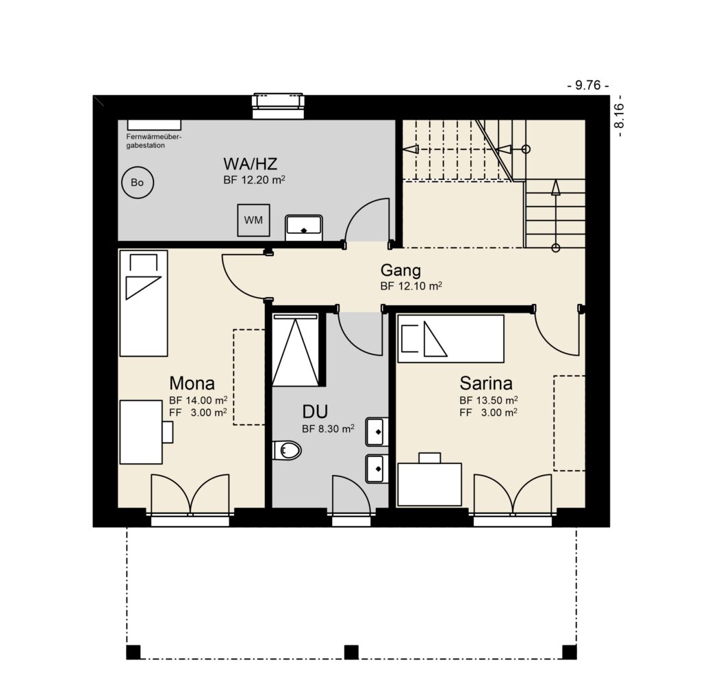 Architektonischer Grundriss mit zwei beschrifteten Räumen, einem Badezimmer und einem Flur. Der Plan enthält Abmessungen und Platzierung von Armaturen und Türen.