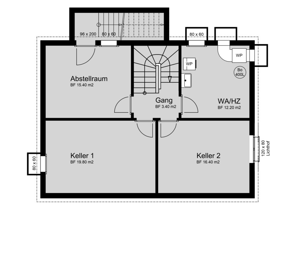 Grundriss eines Untergeschosses mit zwei Kellerräumen, einem Lagerraum, einem Flur und einem Raum mit der Beschriftung WA/HZ. Maße und Beschriftungen sind in Deutsch.
