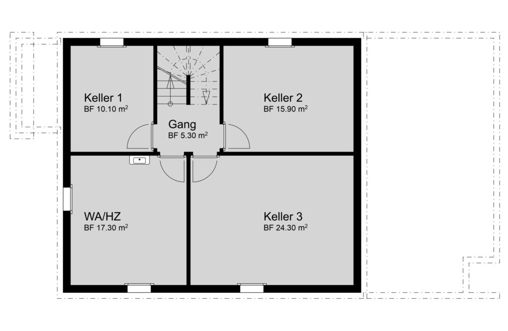 Grundriss eines Kellergeschosses mit drei beschrifteten Räumen: Keller 1 (10,10 m²), Keller 2 (15,90 m²), Keller 3 (24,30 m²) und einem Flur (Gang, 5,30 m²) inkl. Treppenhaus.