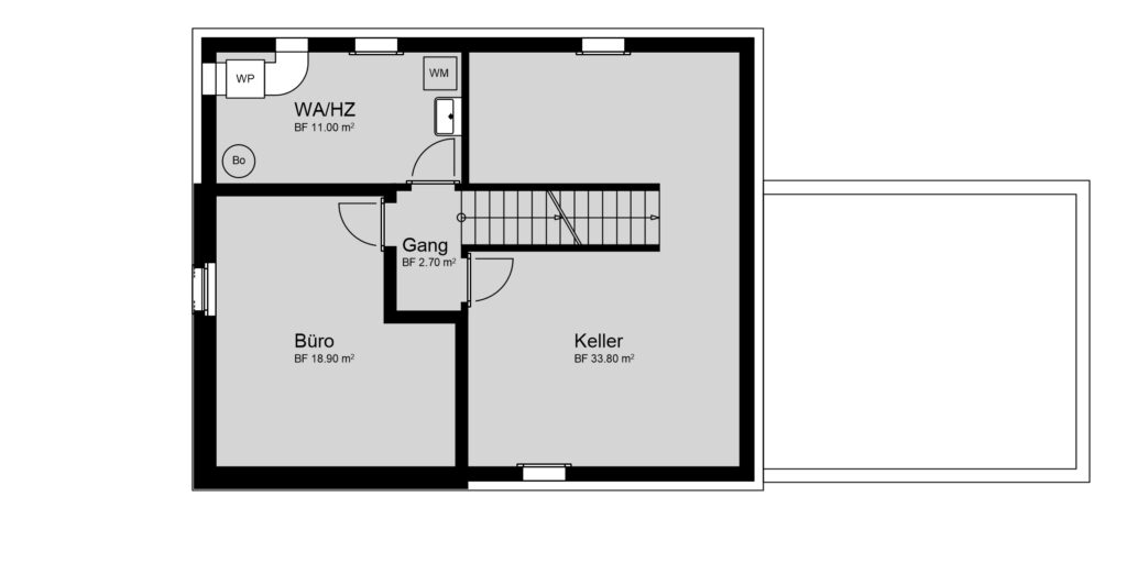 Architektonischer Grundriss, der einen Kellerraum mit beschrifteten Räumen zeigt: Waschküche/Heizung (WA/HZ), Flur (Gang), Büro (Büro) und Keller (Keller) sowie Treppenhaus und Lagerräume.