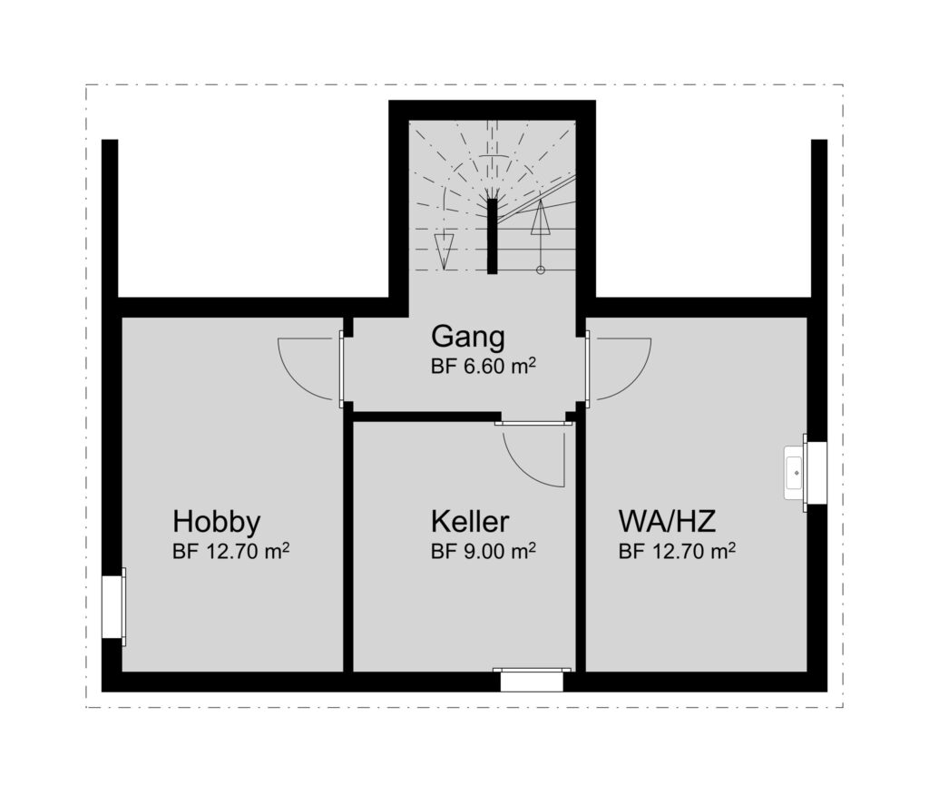 Grundriss mit drei beschrifteten Räumen: Hobby (12,70 m²), Keller (9,00 m²), WA/HZ (12,70 m²) und einem zentralen Flur (Gang, 6,60 m²) mit Treppe.