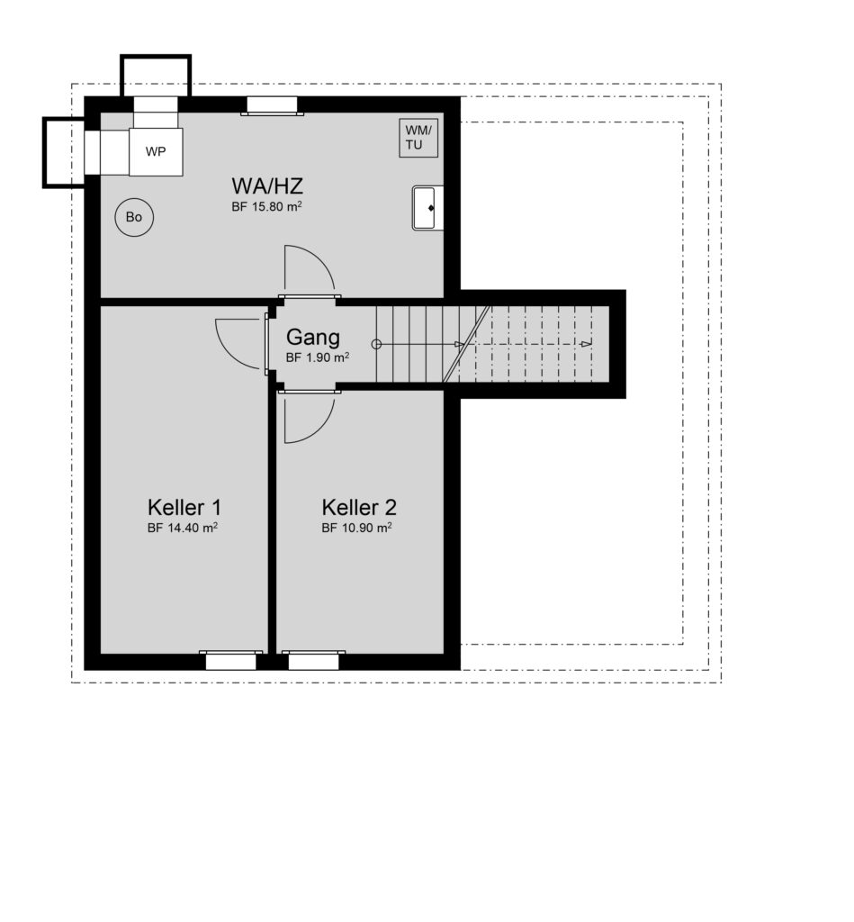 Schwarzweißer Grundriss eines Kellers mit drei Räumen mit der Bezeichnung WA/HZ, Keller 1 und Keller 2, mit zentralem Flur und Treppenhaus. Angaben zur Gesamtfläche sind enthalten.