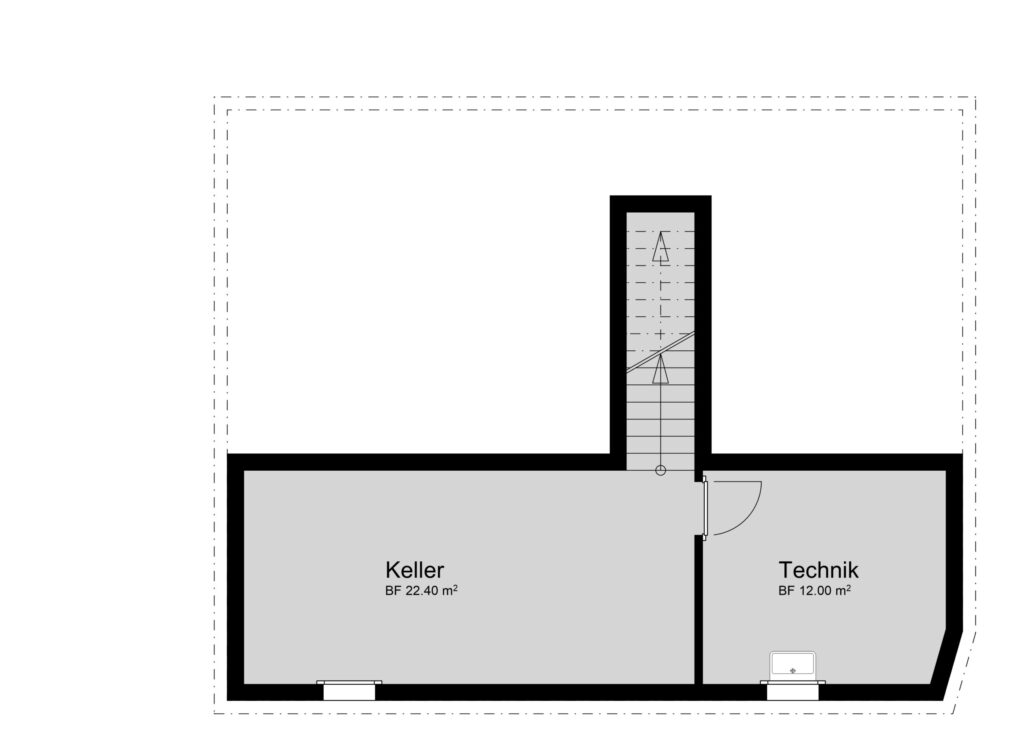 Grundriss eines Untergeschosses mit zwei beschrifteten Bereichen: „Keller“ (22,40 m²) und „Technik“ (12,00 m²), verbunden durch eine Treppe.