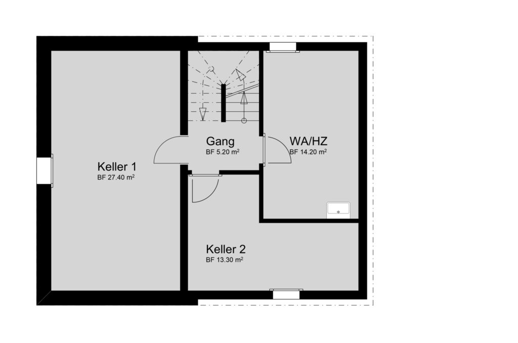 Grundrissskizze mit zwei Kellerräumen, Flur und WA/HZ-Raum. Die Raumgrößen sind in Quadratmetern angegeben.