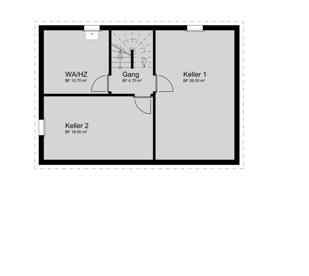 Grundriss eines Untergeschosses mit drei beschrifteten Räumen: WA/HZ (10,70 m²), Gang (4,70 m²) und zwei durch Türen verbundene Kellerräume (25,00 m² und 18,00 m²).