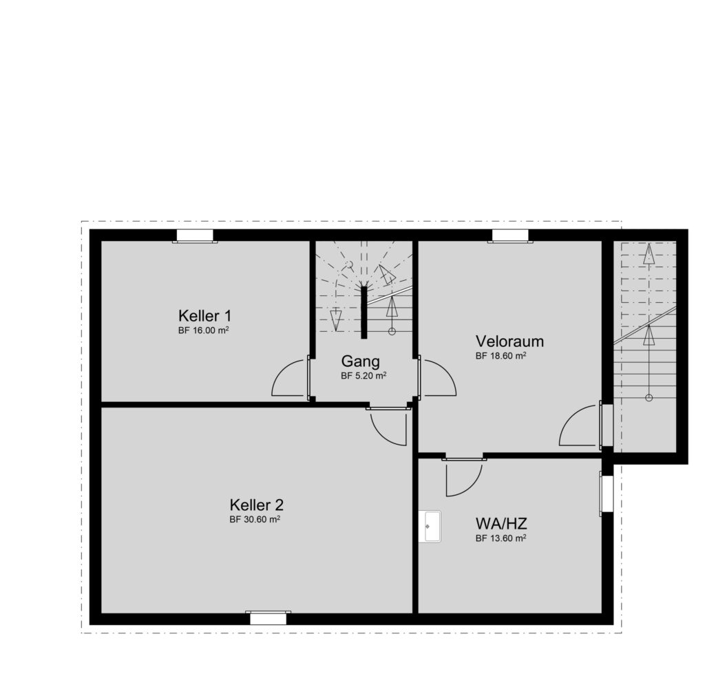 Grundriss mit beschrifteten Räumen: Keller 1 (16,00 m²), Keller 2 (30,60 m²), Gang (5,20 m²), Veloraum (18,60 m²), WA/HZ (13,50 m²). Inklusive Treppenaufgänge und Türen.