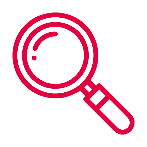 Rotes Lupensymbol auf weißem Hintergrund.