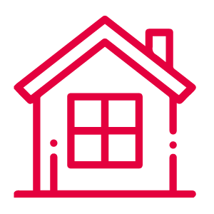 Roter Umriss eines einfachen Haussymbols mit Fenster und Schornstein auf transparentem Hintergrund.