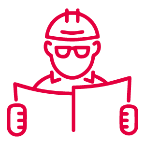 Umriss einer Person mit Schutzhelm und Brille, die ein großes Papier oder einen Bauplan hält und liest.