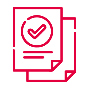 Ein rotes Symbol, das zwei überlappende Dokumente mit einem großen Häkchen auf der Titelseite zeigt.