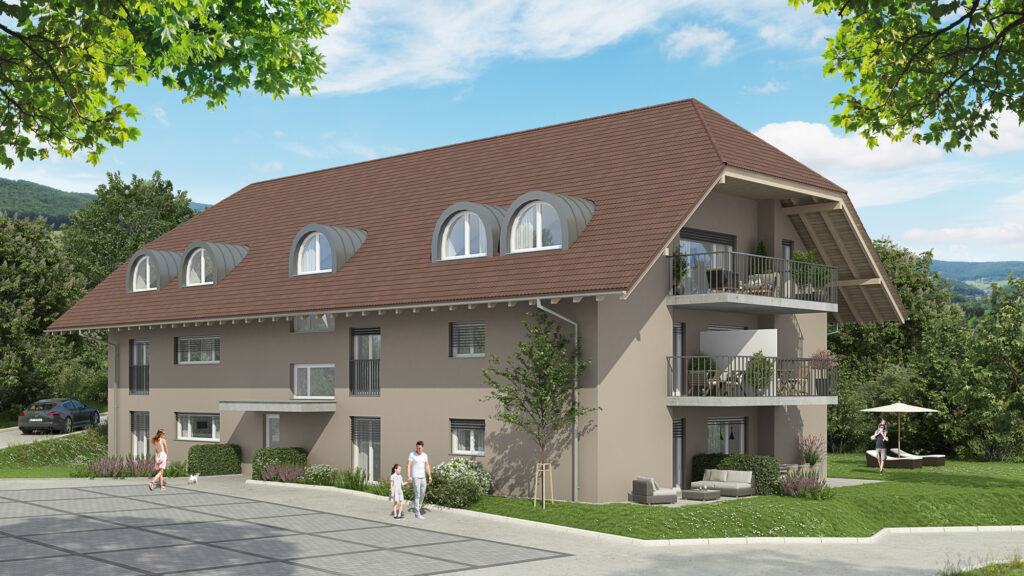 Ein modernes dreistöckiges Wohnhaus mit einem braunen Schrägdach, Balkonen und einer begrünten Umgebung unter blauem Himmel. Die Menschen gehen spazieren und entspannen sich draußen.
