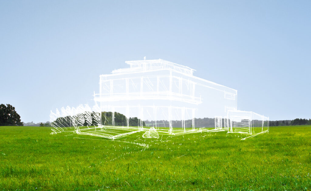 Ein grasbewachsenes Feld unter klarem Himmel mit einem weißen architektonischen Umriss eines Hauses, das digital in die Landschaft eingefügt wurde.
