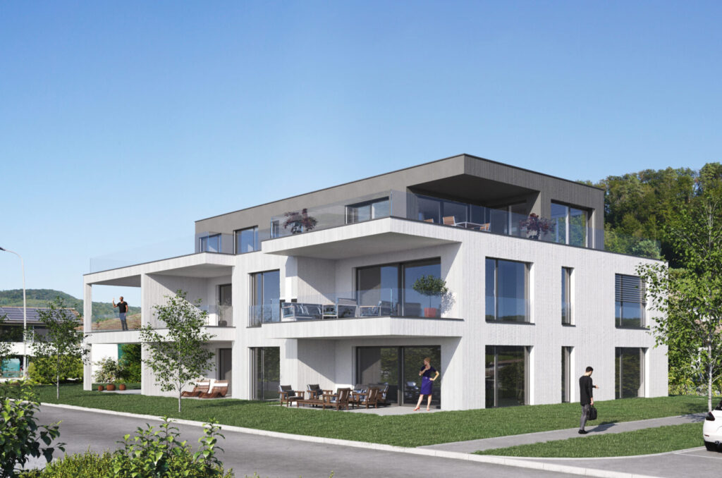 Modernes dreistöckiges Wohnhaus mit Balkonen, großen Fenstern und Sitzgelegenheiten im Freien in einer ruhigen Vorstadtstraße mit viel Grün und parkenden Autos.