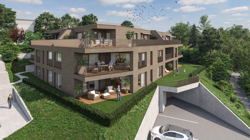 Ein modernes, dreistöckiges Wohnhaus mit Balkonen, Grünanlagen und einer Tiefgarageneinfahrt. Auf den Balkonen und dem Rasen sind Menschen zu sehen; ein weißes Auto ist draußen geparkt.